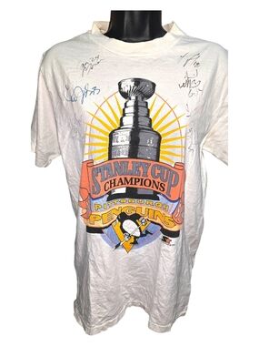Vintage 1991 Pittsburgh Penguins Stanley Cup Champions T-Shirt – Signed